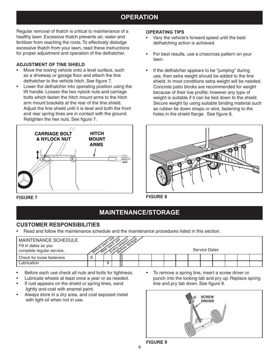 Operation maintenance/storage, Customer responsibilities | Craftsman 486.24316 User Manual | Page 6 / 8