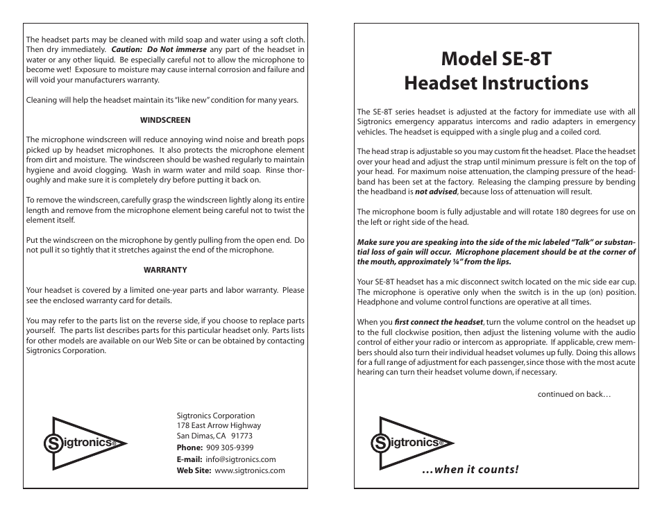 Sigtronics SE-8T User Manual | 2 pages