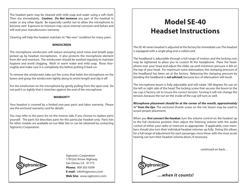 Sigtronics SE-40 User Manual | 2 pages