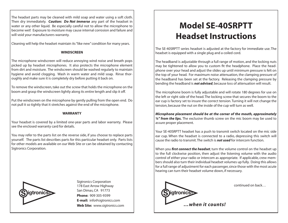 Sigtronics SE-40SRPTT User Manual | 2 pages