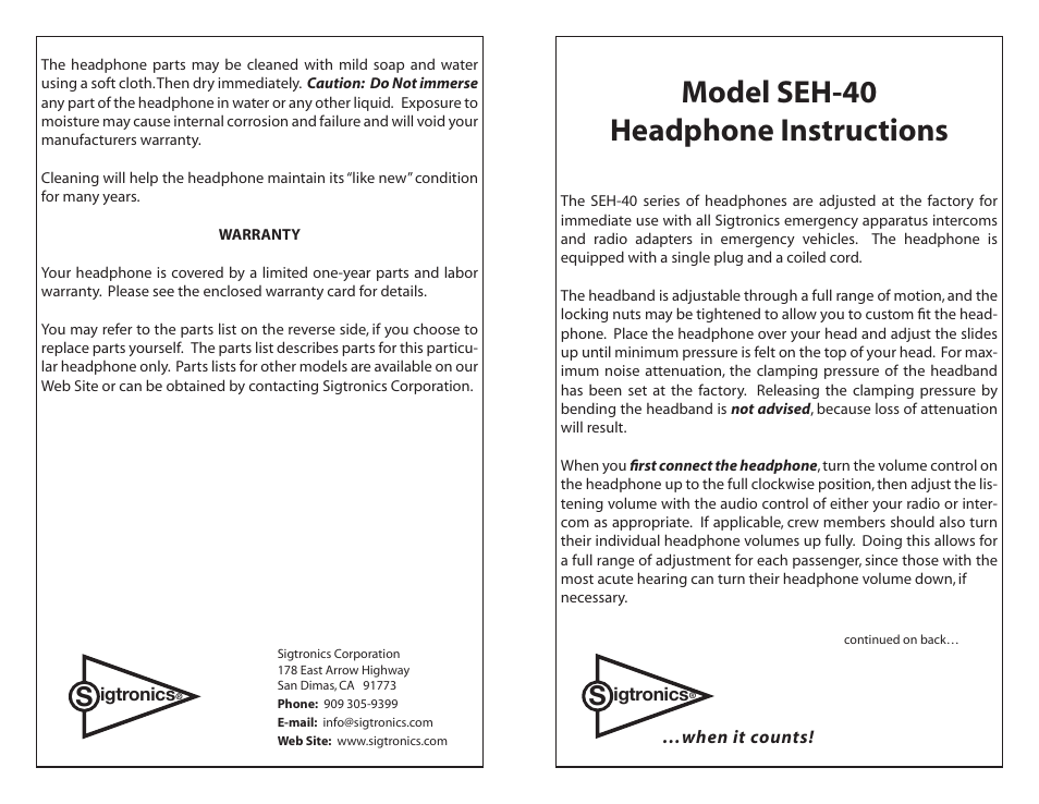 Sigtronics SEH-40 User Manual | 2 pages