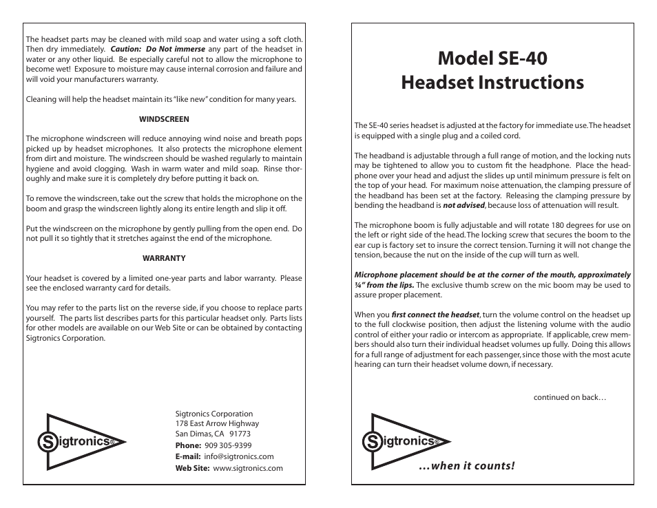 Sigtronics SE-40 Chrome frame User Manual | 2 pages