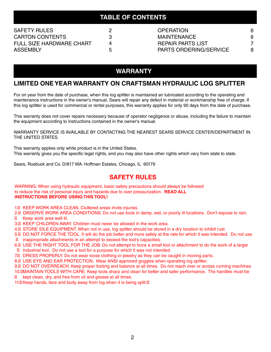 Safety rules | Craftsman 486.2454 User Manual | Page 2 / 8