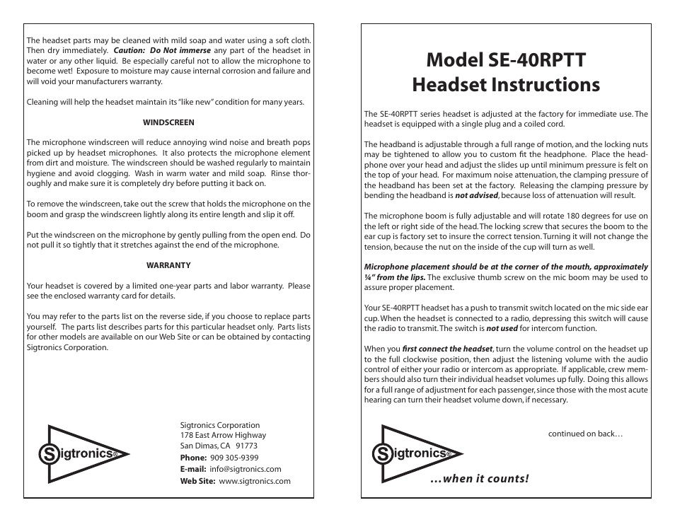 Sigtronics SE-40RPTT Chrome frame User Manual | 2 pages