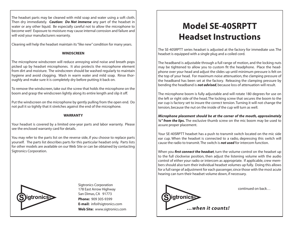 Sigtronics SE-40SRPTT Chrome frame User Manual | 2 pages