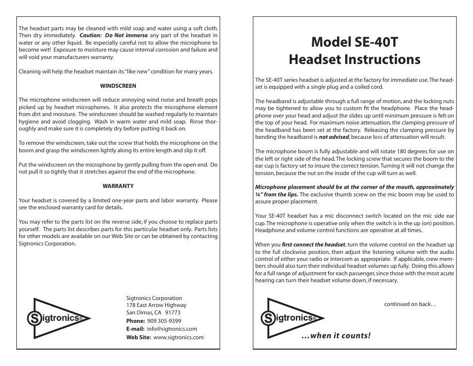 Sigtronics SE-40T Chrome frame User Manual | 2 pages