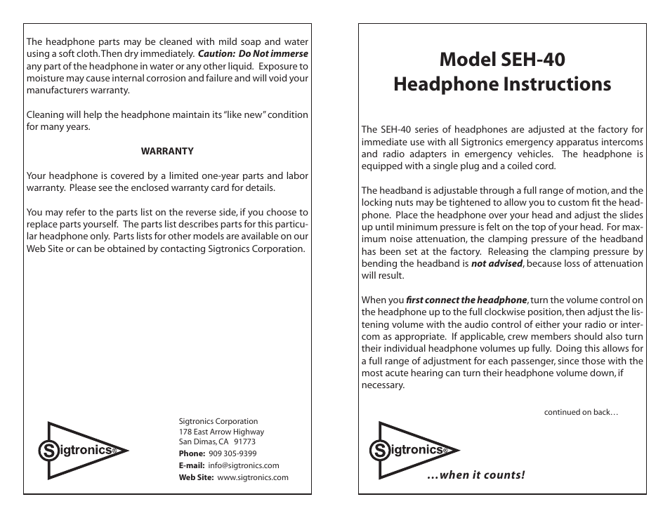 Sigtronics SEH-40 Chrome frame User Manual | 2 pages