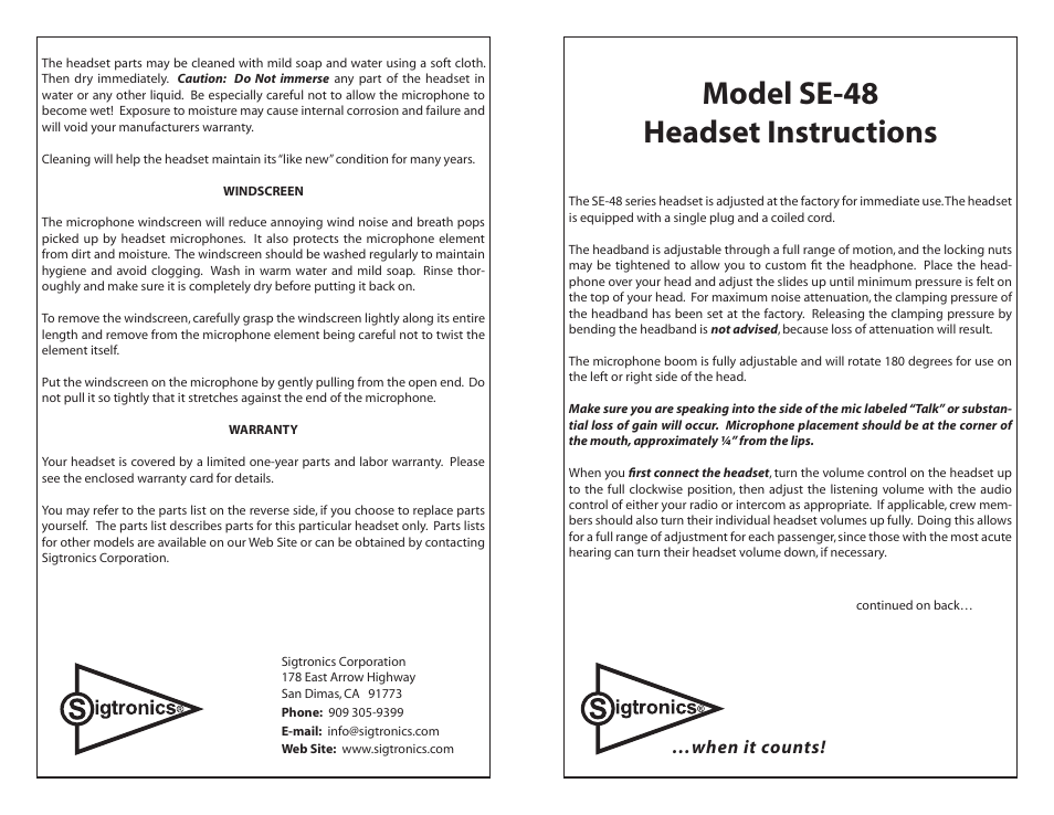 Sigtronics SE-48 Chrome frame User Manual | 2 pages