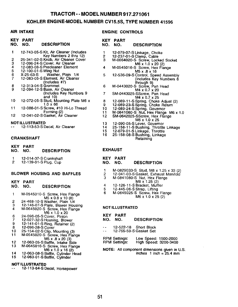 Description, Not illustrated, Crankshaft | Key part no. no, Blower housing and baffles, Engine controls, Exhaust, Key part, No, no, Air intake key part no. no | Craftsman 917.271061 User Manual | Page 51 / 60