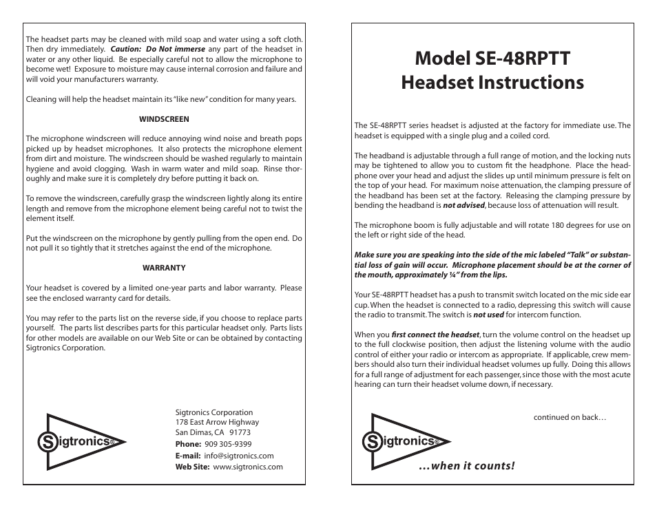 Sigtronics SE-48RPTT Chrome frame User Manual | 2 pages