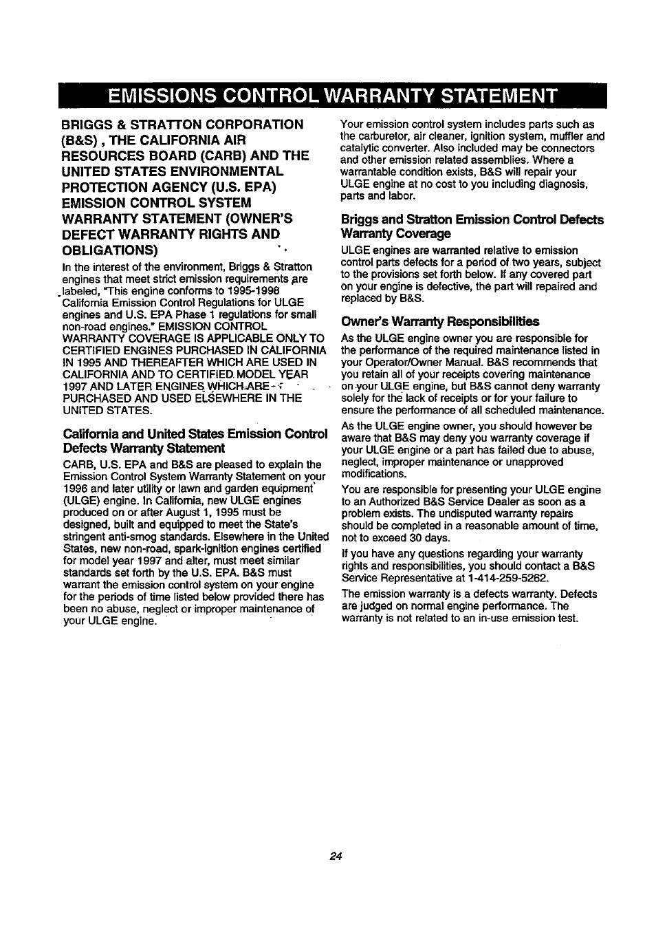 Emissions control warranty statement | Craftsman 580.768020 User Manual | Page 24 / 26