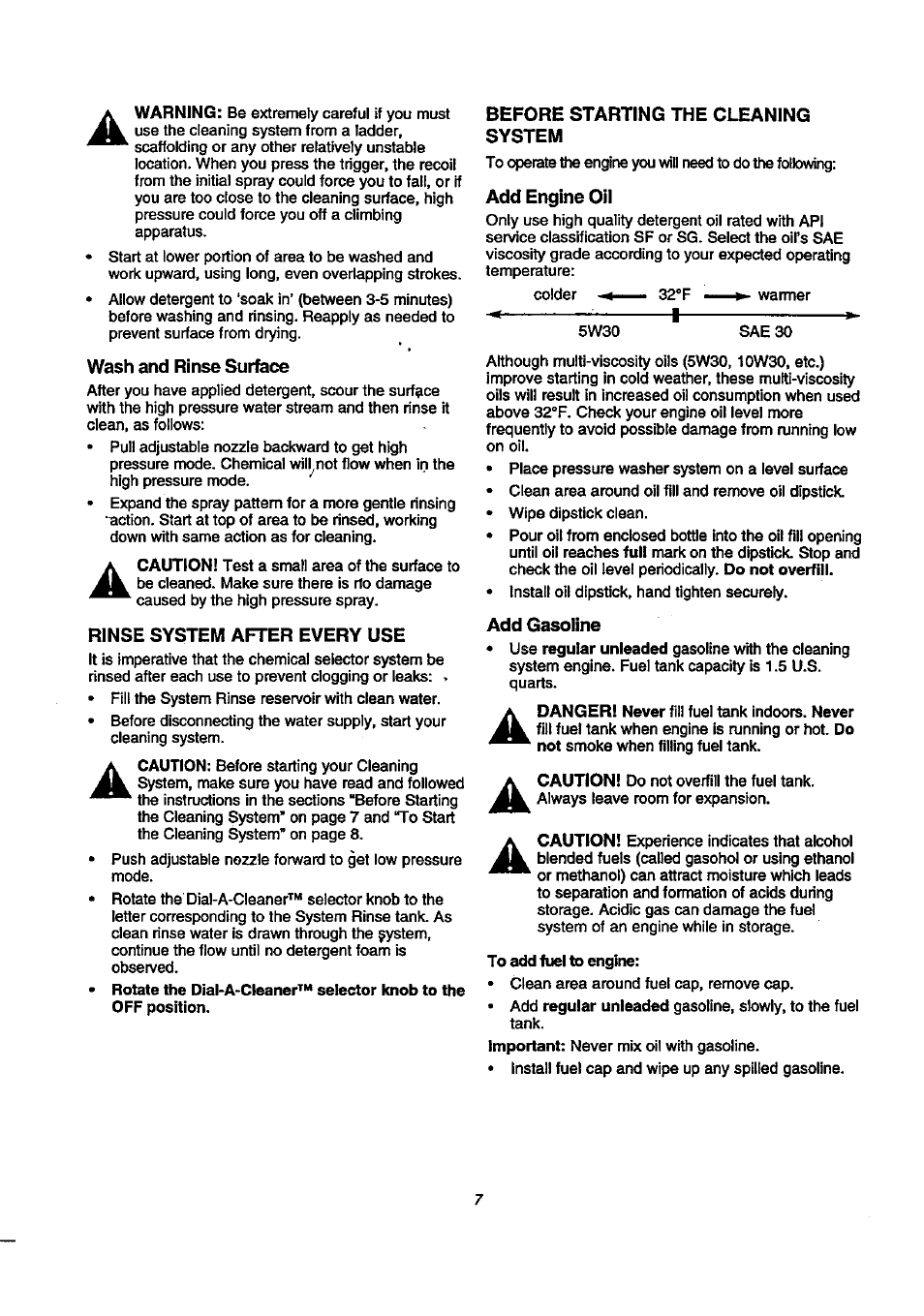 Wash and rinse surface, Rinse system after every use, Before starting the cleaning system | Add engine oil, Add gasoline, A a a | Craftsman 580.768020 User Manual | Page 7 / 26