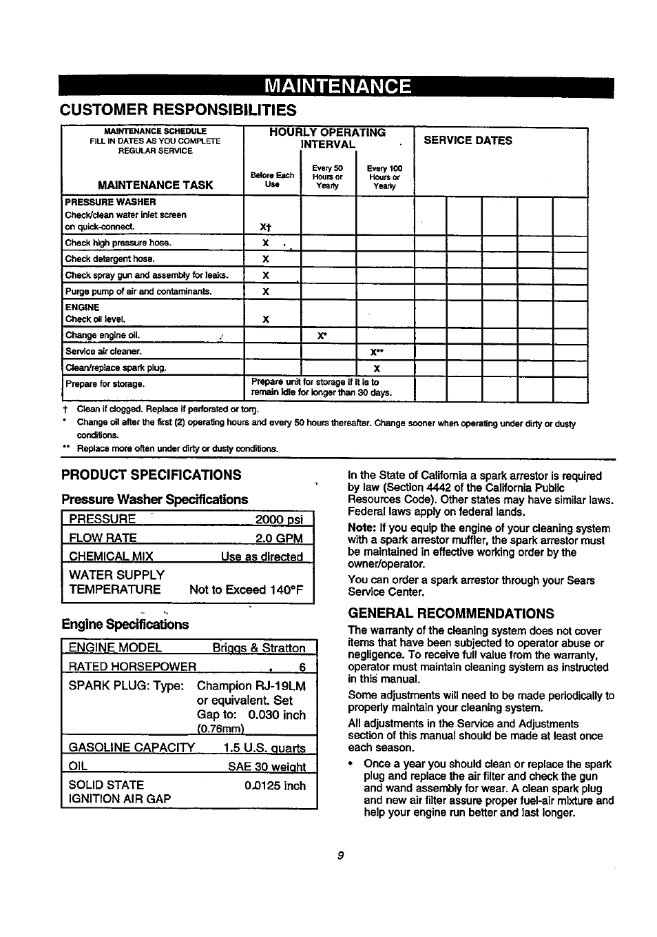 Maintenance, Customer responsibilities, Engine specifications | General recommendations | Craftsman 580.768020 User Manual | Page 9 / 26