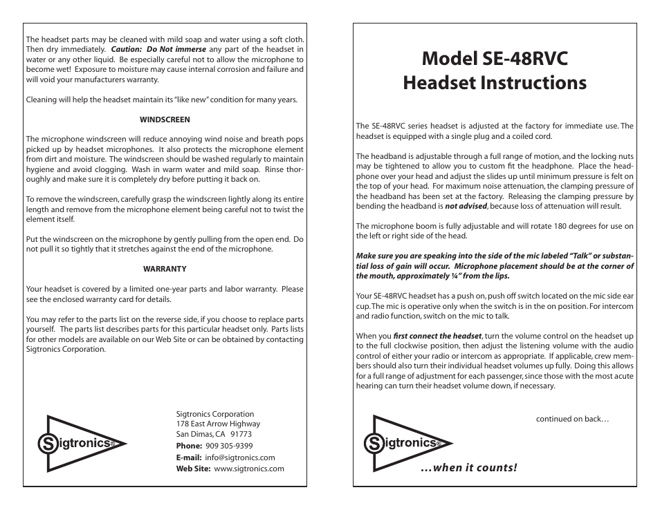 Sigtronics SE-48RVC Chrome frame User Manual | 2 pages