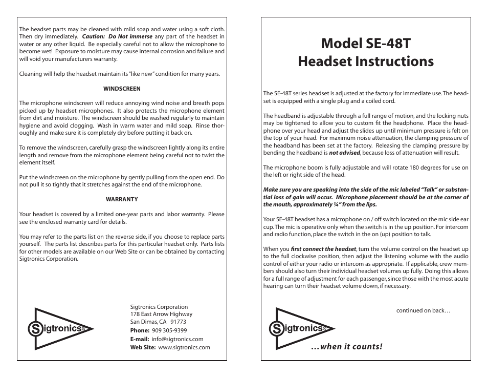 Sigtronics SE-48T Chrome frame User Manual | 2 pages