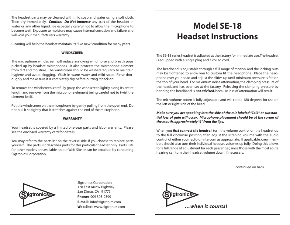 Sigtronics SE-18 User Manual | 2 pages
