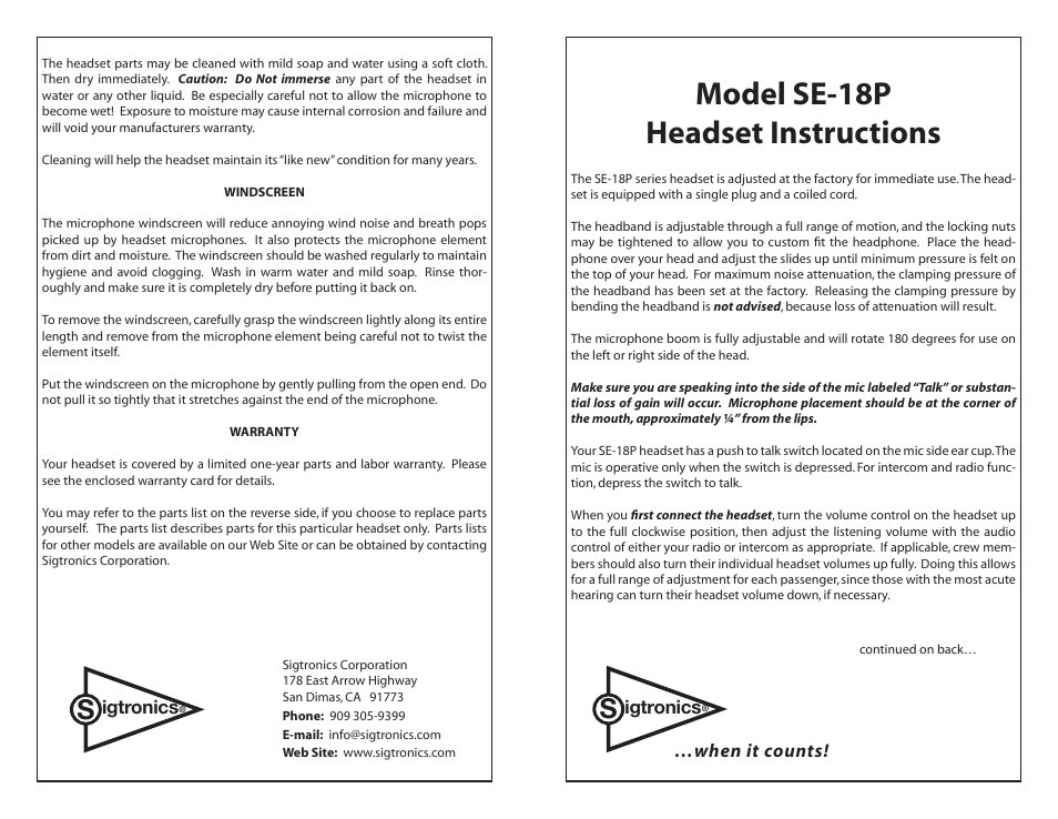 Sigtronics SE-18P User Manual | 2 pages