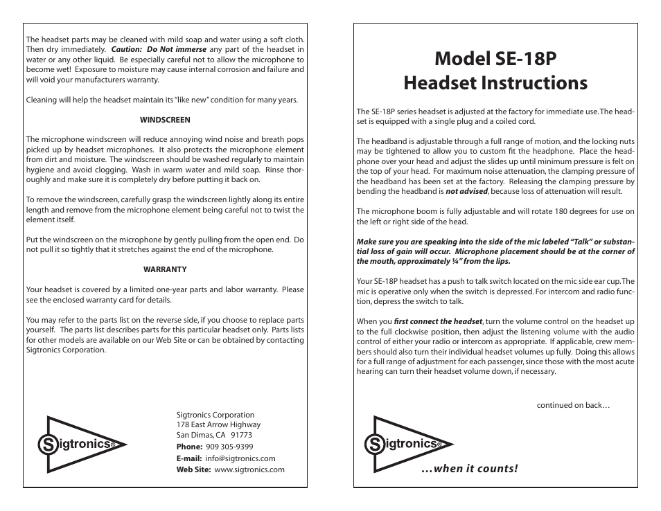 Sigtronics SE-18P Chrome frame User Manual | 2 pages