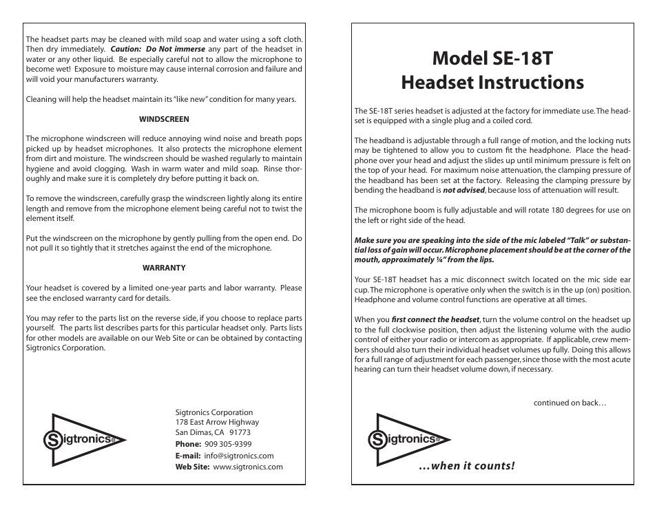 Sigtronics SE-18T User Manual | 2 pages