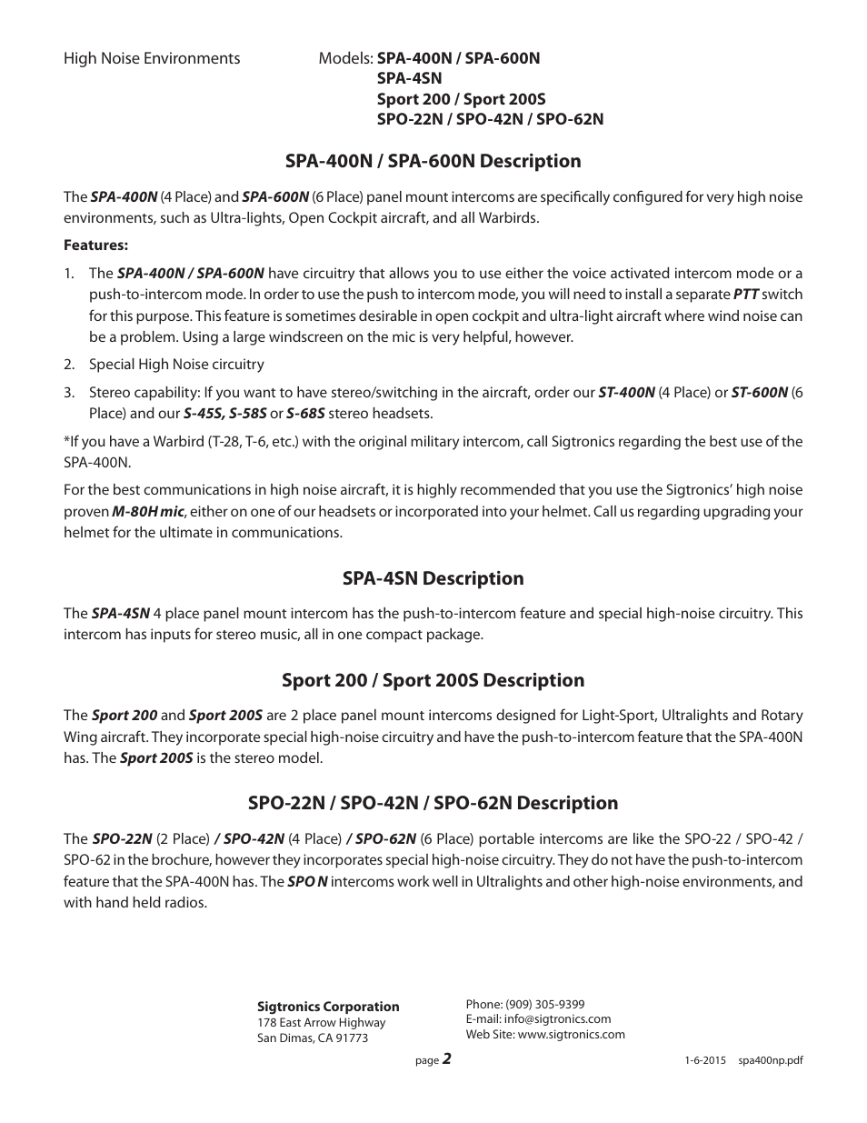 Spa-4sn description | Sigtronics SPO N User Manual | Page 2 / 2