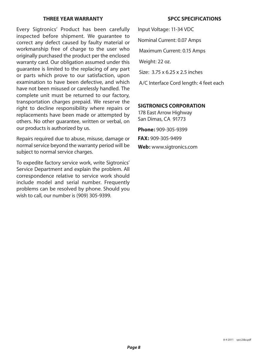 Sigtronics SPCC-2 User Manual | Page 8 / 8