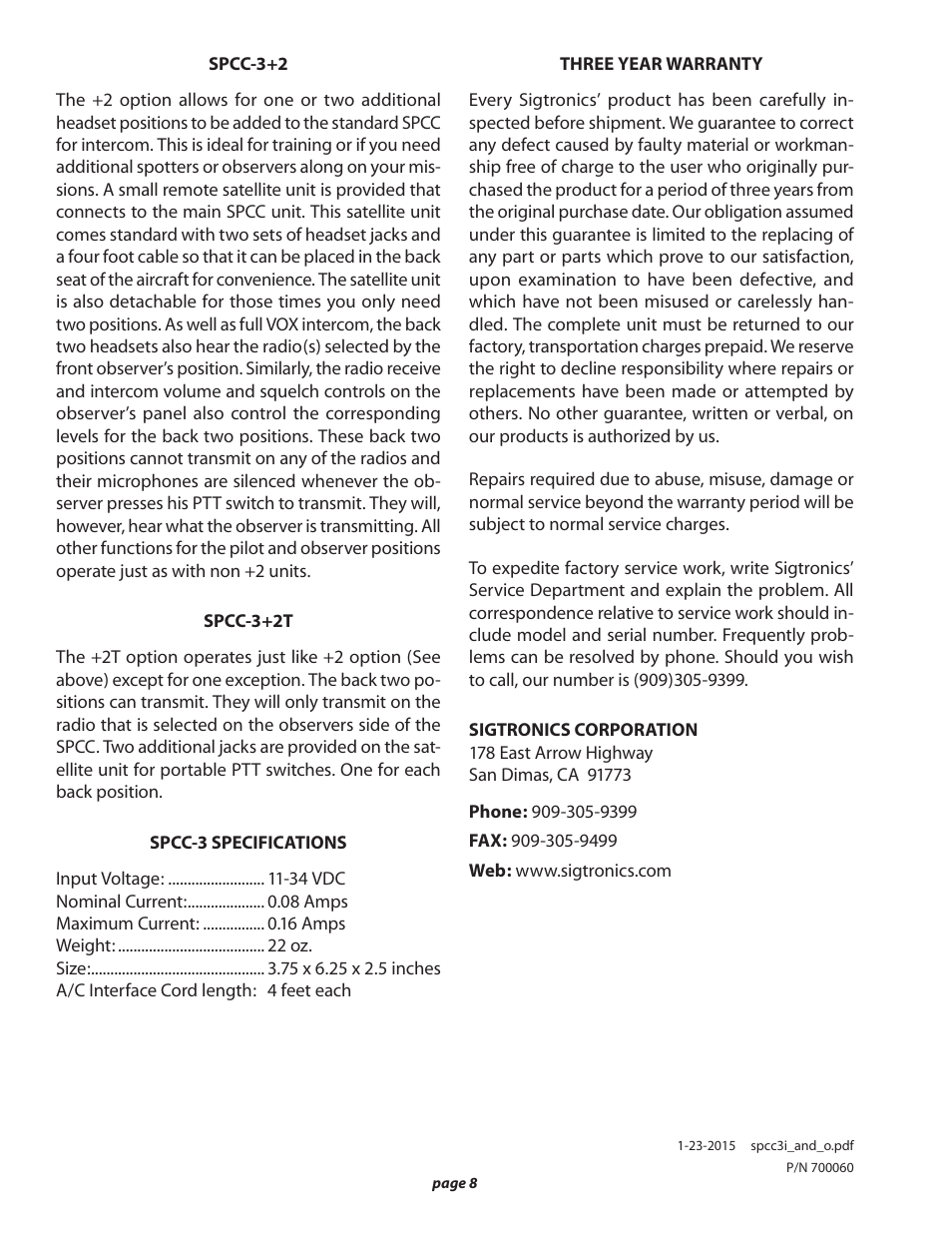 Sigtronics SPCC-3 User Manual | Page 8 / 8