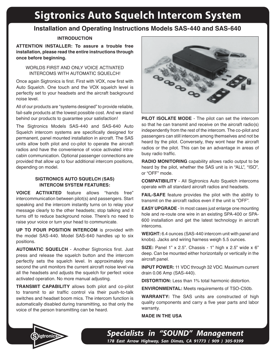 Sigtronics SAS-640 User Manual | 6 pages