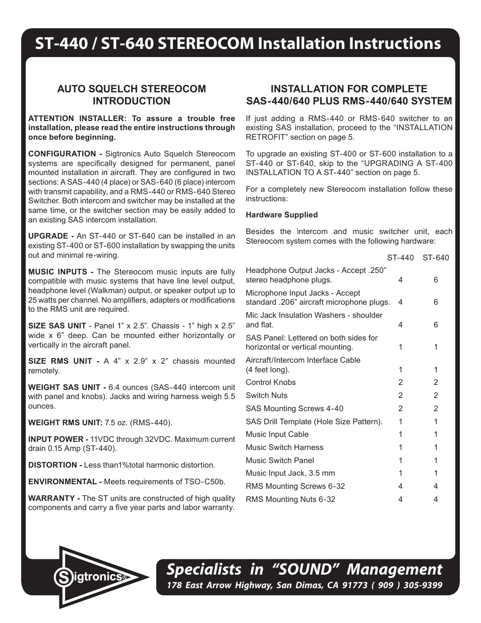 Sigtronics RMS-640 Installation Instructions User Manual | 6 pages