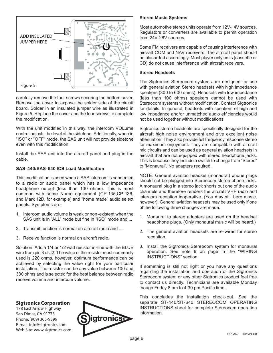 Sigtronics RMS-640 Installation Instructions User Manual | Page 6 / 6