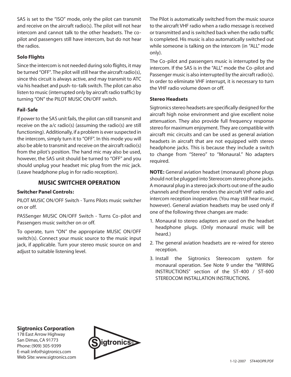 Sigtronics RMS-640 Operating Instructions User Manual | Page 2 / 2