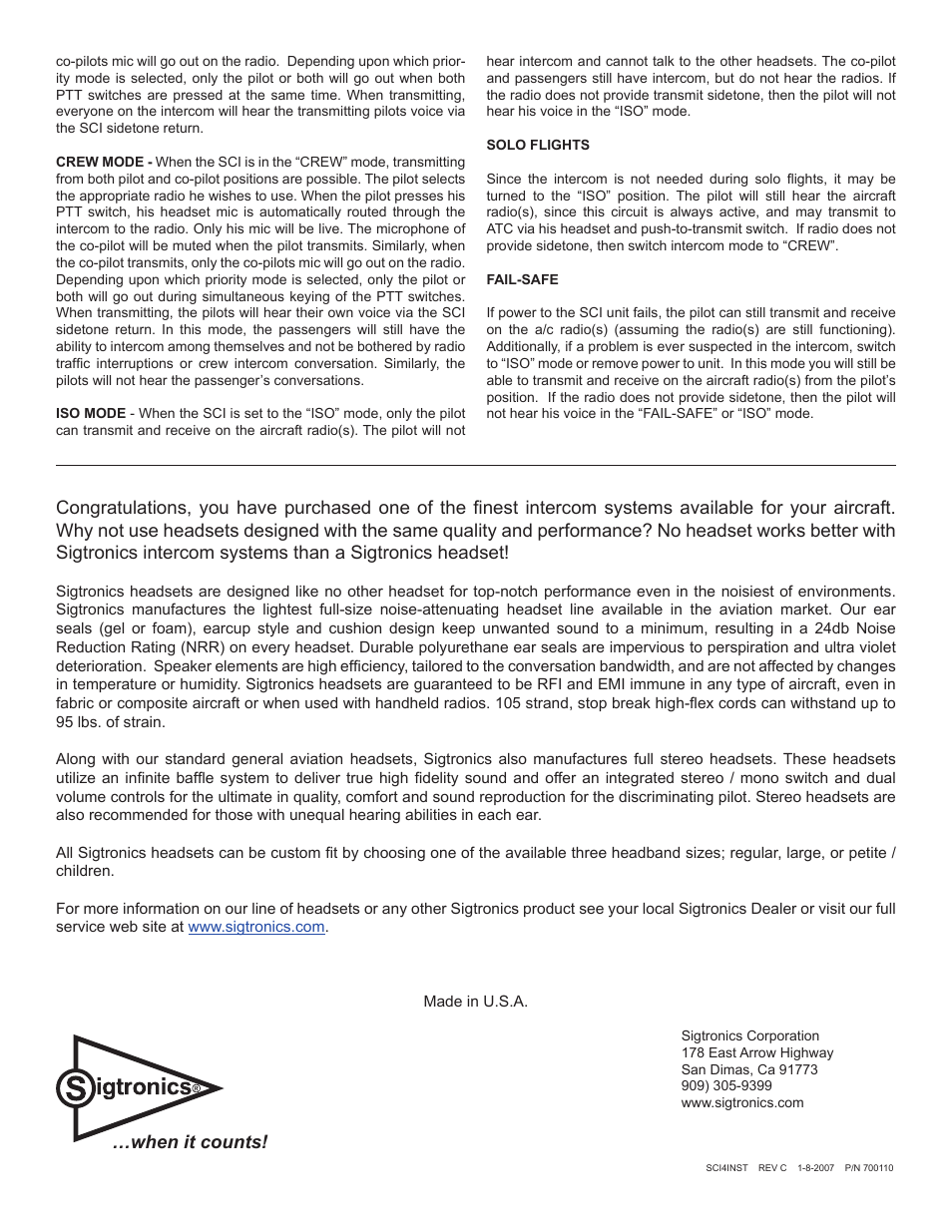 When it counts | Sigtronics SCI-6 User Manual | Page 6 / 6