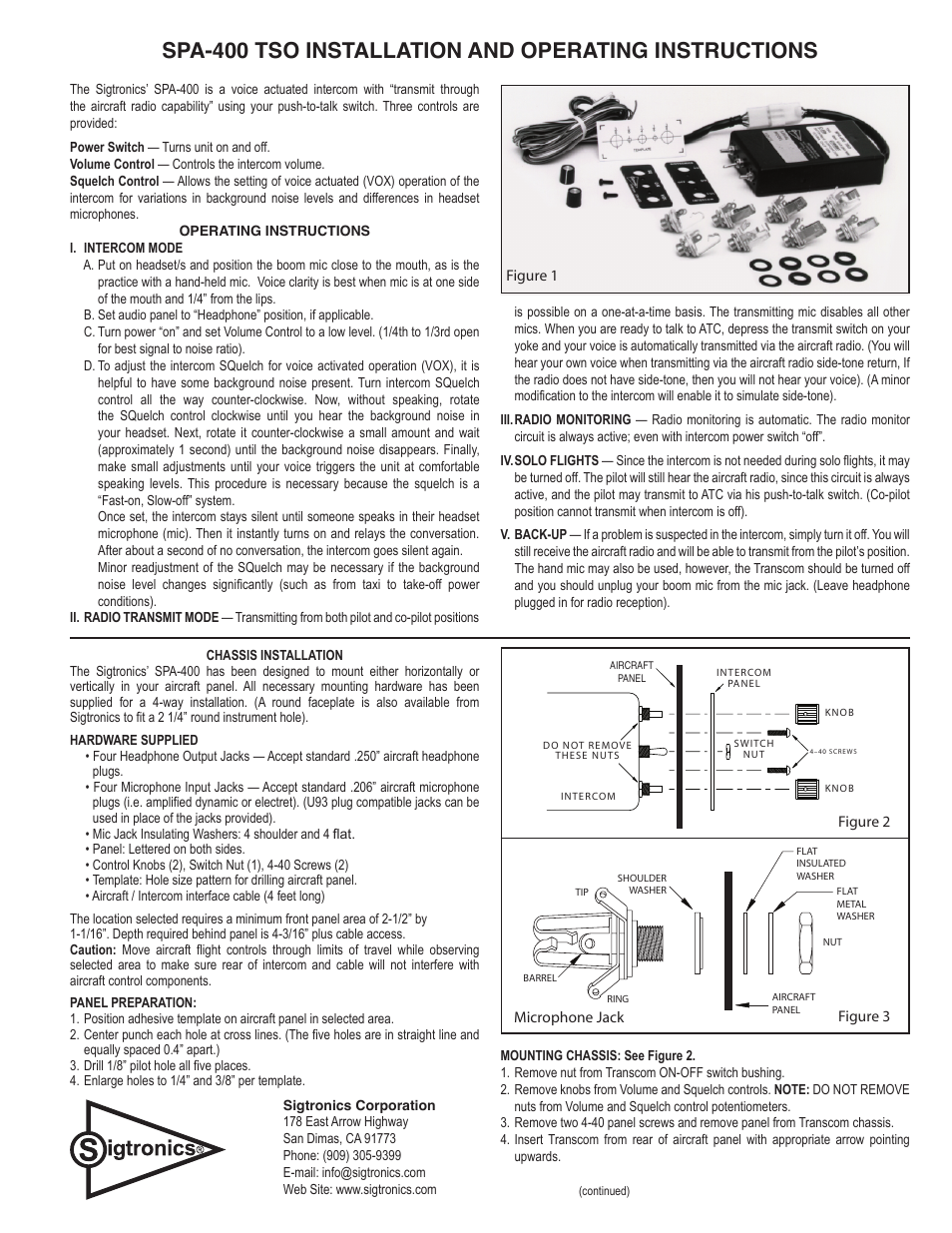 Sigtronics SPA-400 User Manual | 2 pages