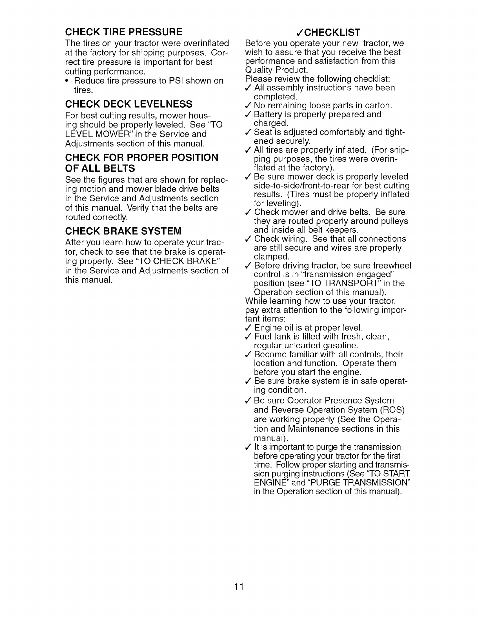 Check tire pressure, Check deck levelness, Check for proper position of all belts | Check brake system, Checklist | Craftsman 917.276920 User Manual | Page 11 / 68