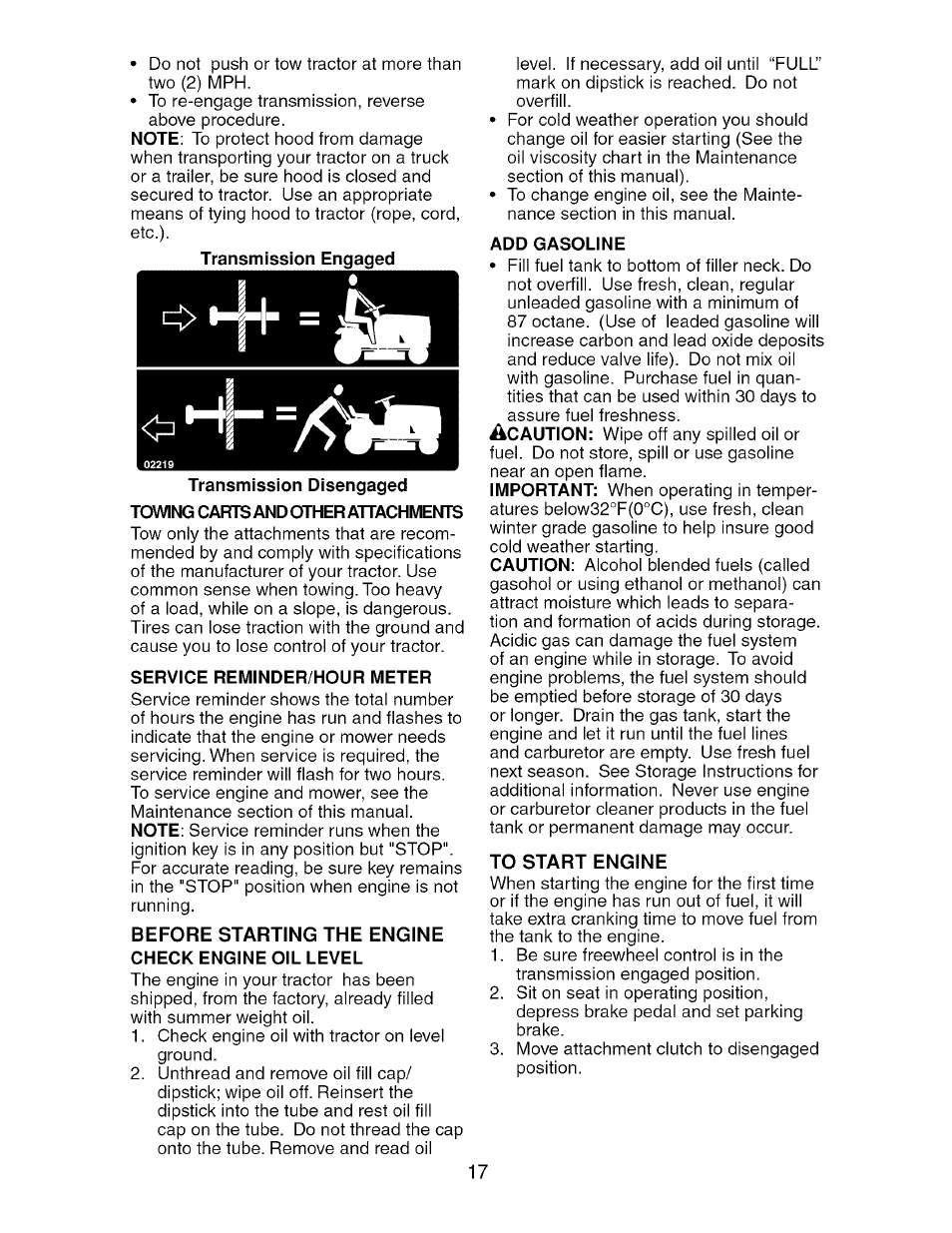 Transmission disengaged, Towing carts and other attachments, Service reminder/hour meter | Add gasoline, To start engine | Craftsman 917.276920 User Manual | Page 17 / 68