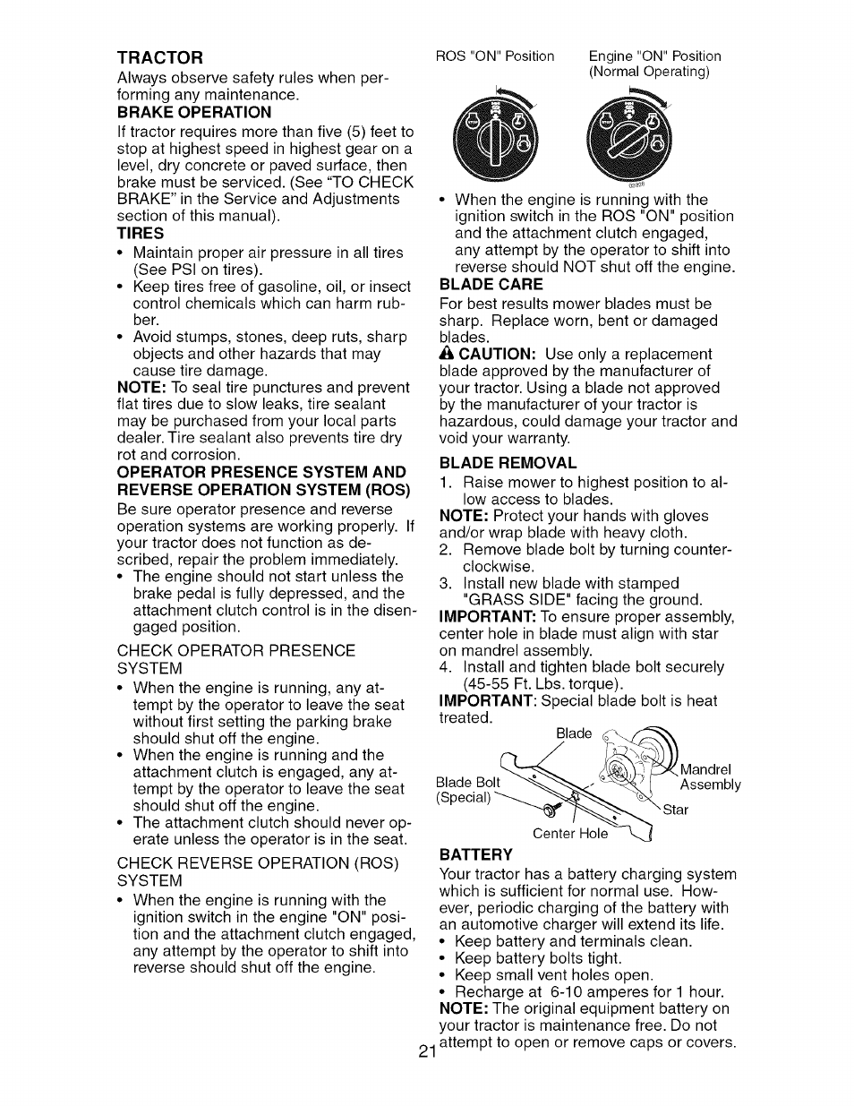 Tractor, Brake operation, Tires | Blade removal | Craftsman 917.276920 User Manual | Page 21 / 68
