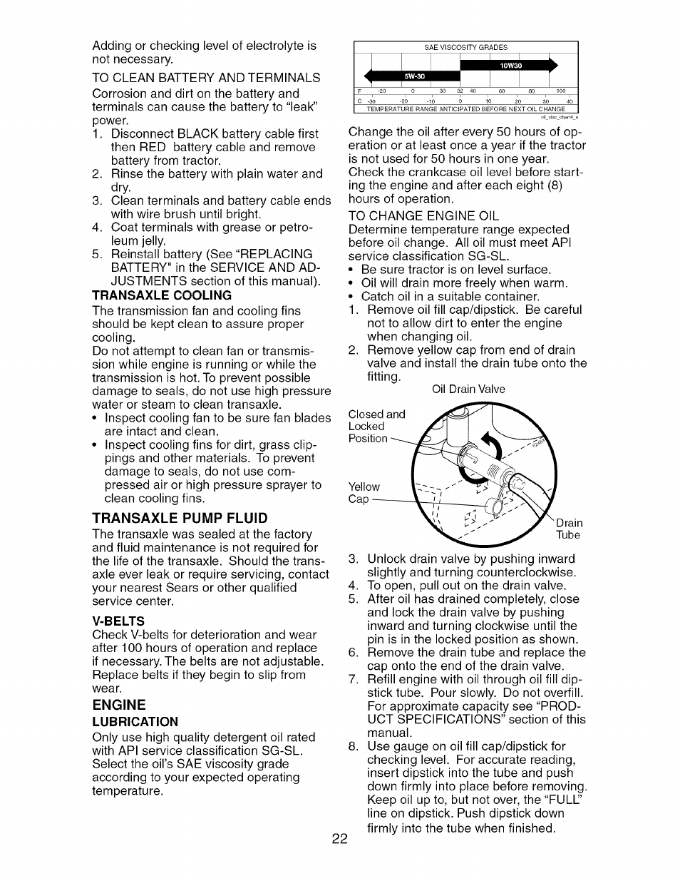 Transaxle cooling, Transaxle pump fluid, V-belts | Engine, Lubrication | Craftsman 917.276920 User Manual | Page 22 / 68