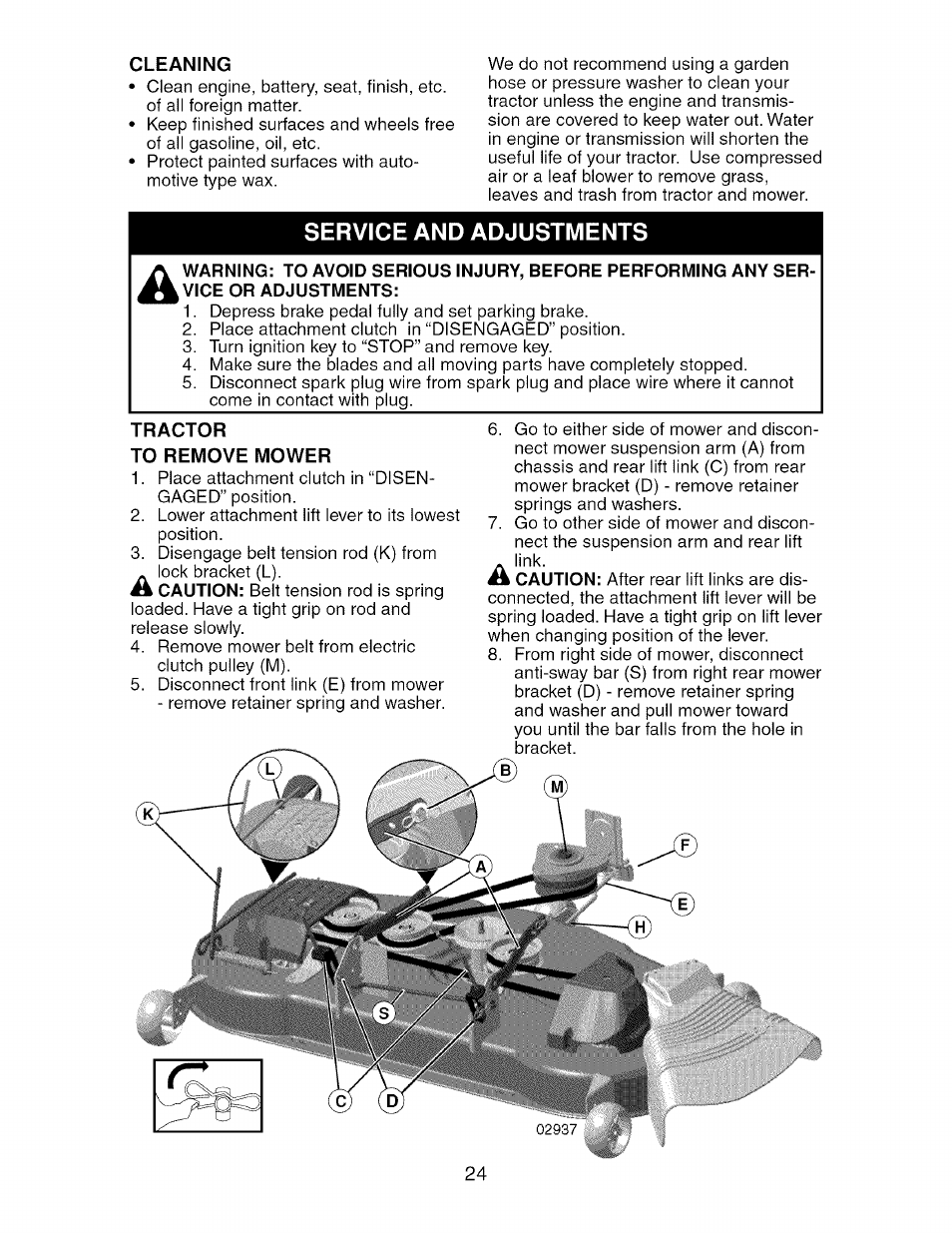 Cleaning, Service and adjustments, Tractor | To remove mower | Craftsman 917.276920 User Manual | Page 24 / 68