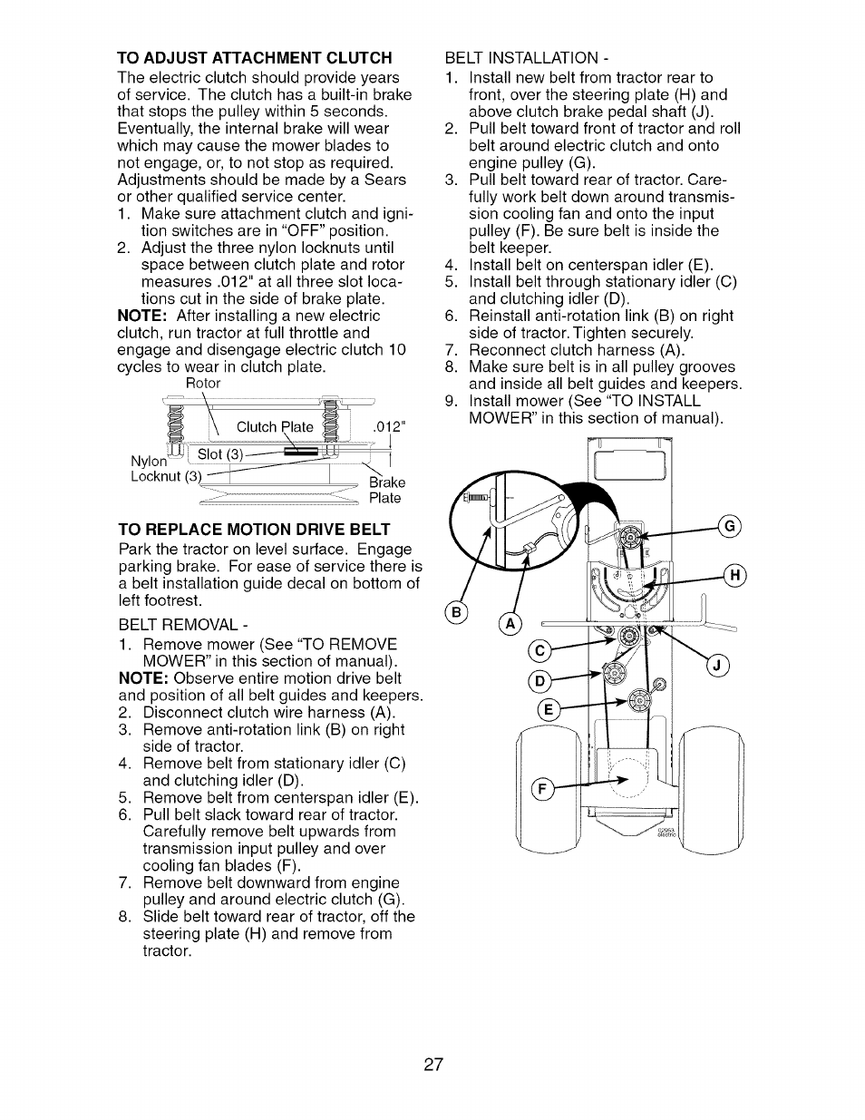 To adjust attachment clutch, To replace motion drive belt | Craftsman 917.276920 User Manual | Page 27 / 68