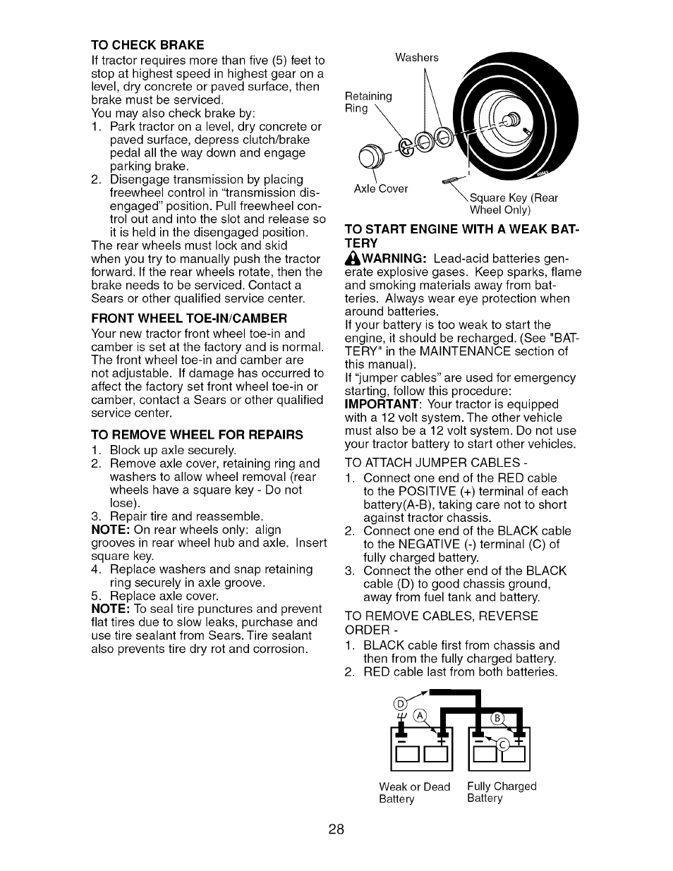 Front wheel toe-in/camber, To remove wheel for repairs, To start engine with a weak battery | Craftsman 917.276920 User Manual | Page 28 / 68