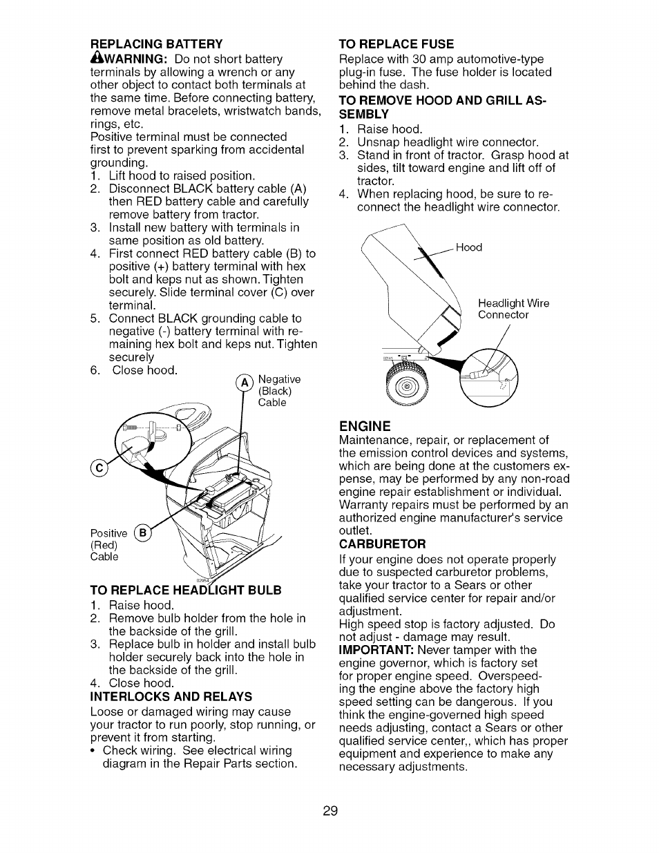 To remove hood and grill assembly, Engine, Carburetor | Craftsman 917.276920 User Manual | Page 29 / 68