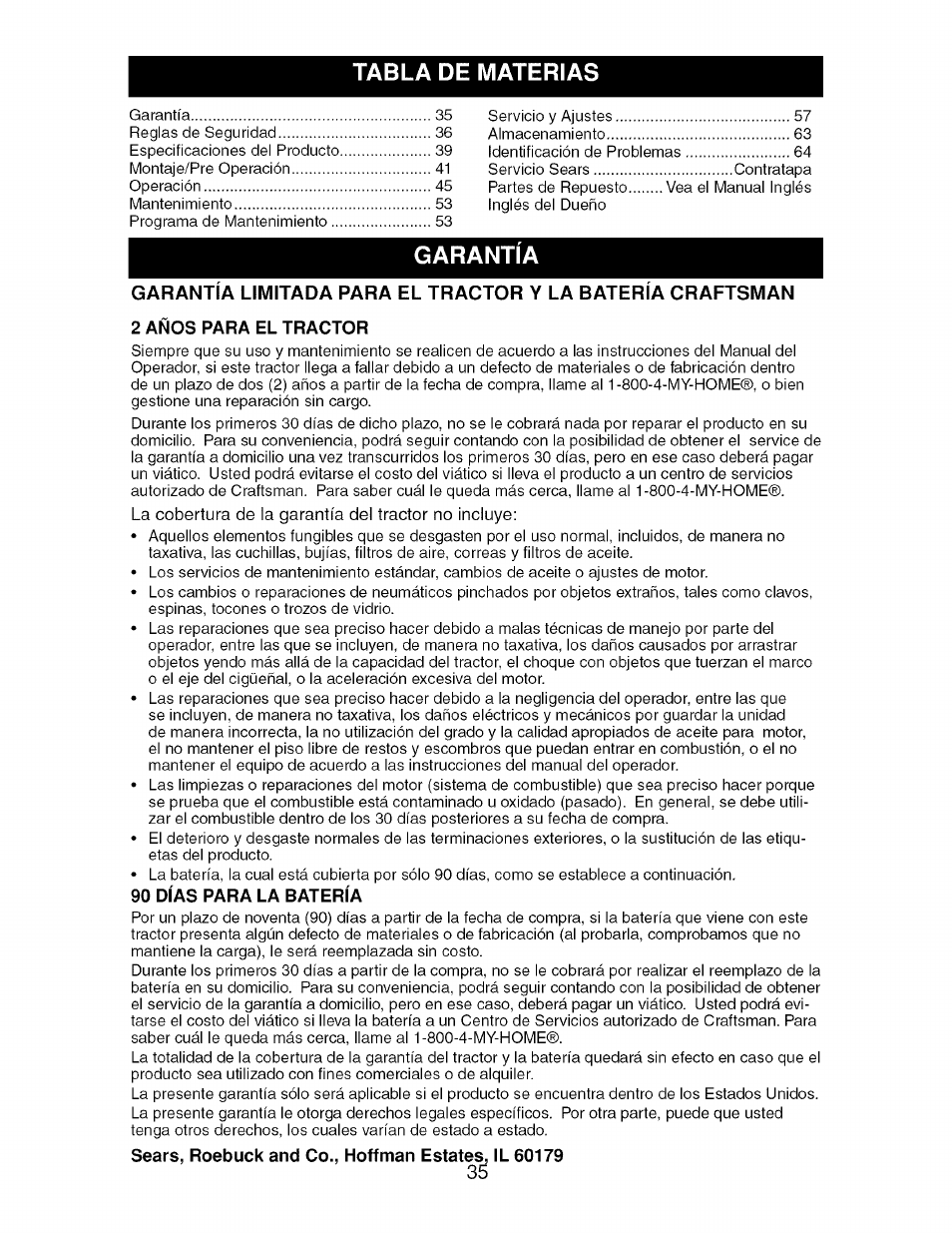 2 años para el tractor, 90 días para la batería, Sears, roebuck and co., hoffman estafes, il 60179 | Craftsman 917.276920 User Manual | Page 35 / 68