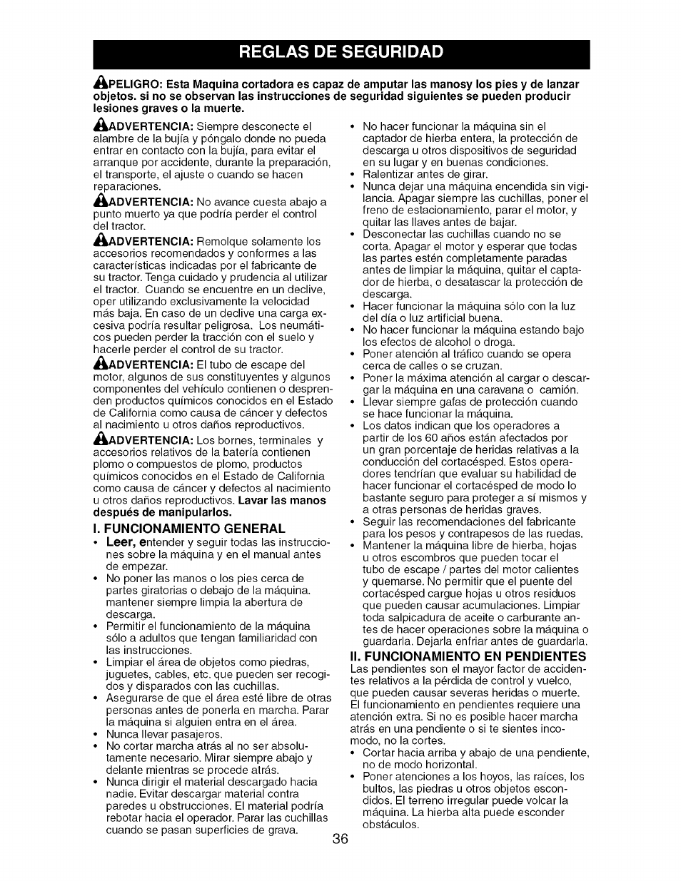 I. funcionamiento general, Ii. funcionamiento en pendientes, Reglas de seguridad | Craftsman 917.276920 User Manual | Page 36 / 68