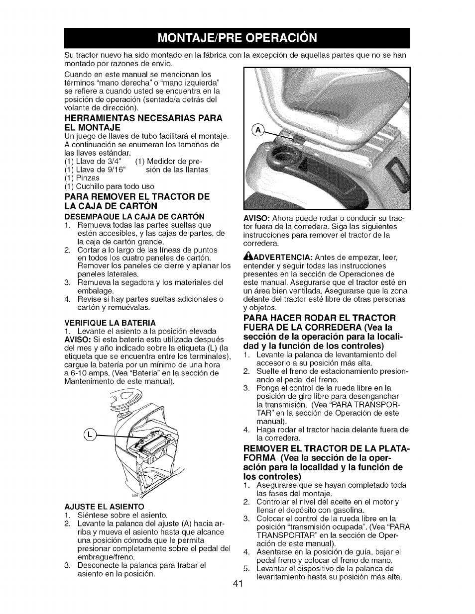 Montaje/pre operacion | Craftsman 917.276920 User Manual | Page 41 / 68