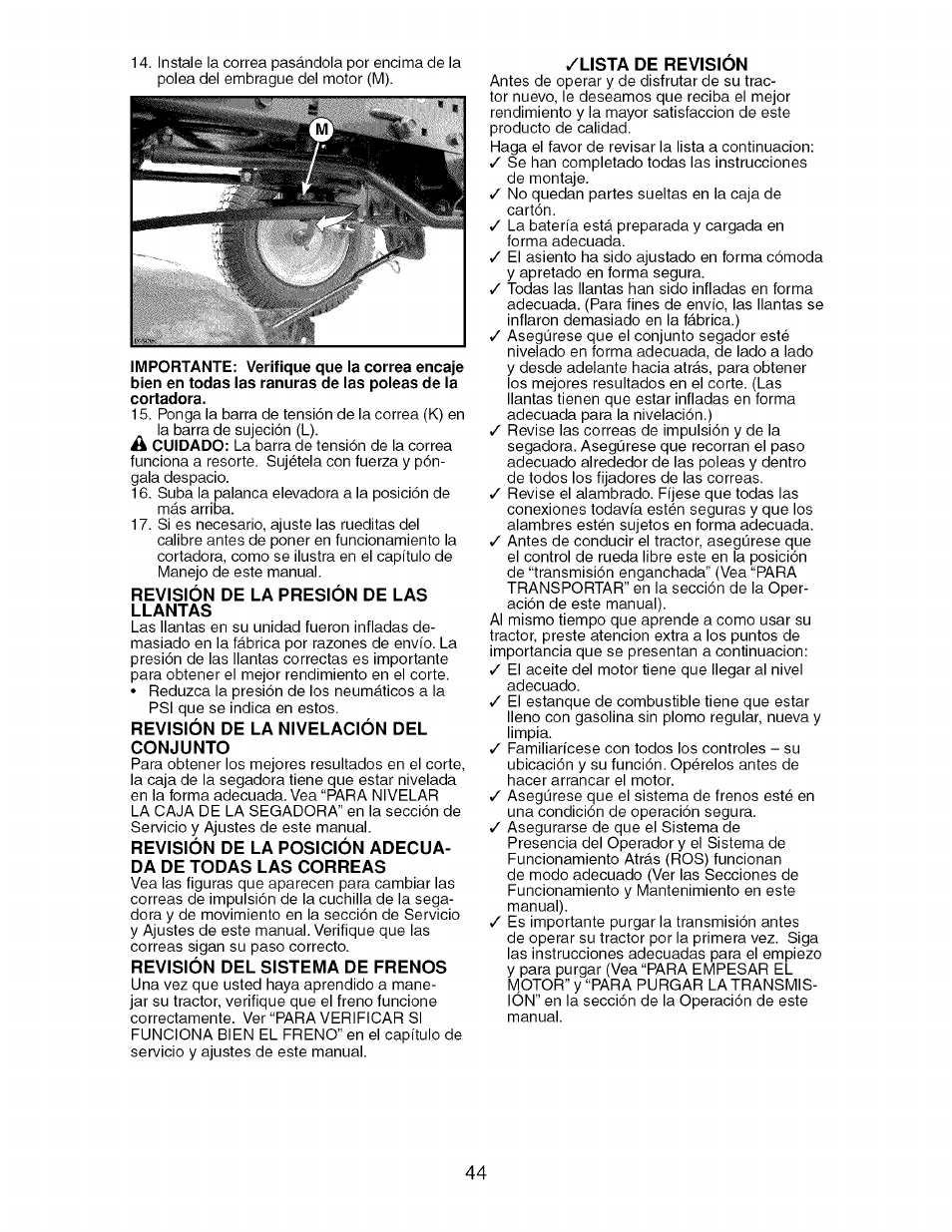 Revisión de la presión de las llantas, Revisión de la nivelación del conjunto, Revisión del sistema de frenos | Lista de revision | Craftsman 917.276920 User Manual | Page 44 / 68