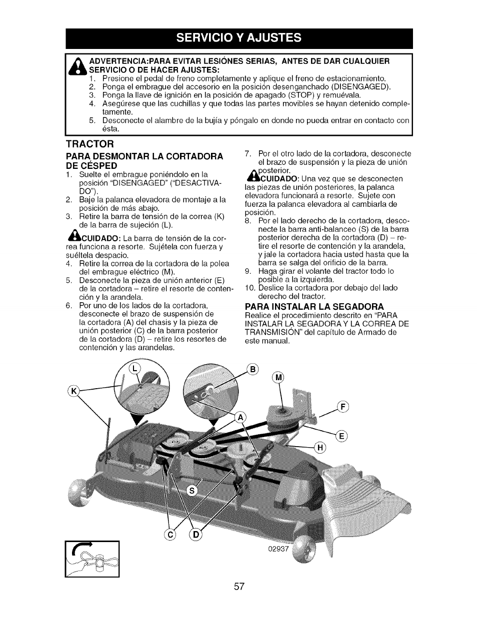 Servicio y ajustes, Tractor, Para desmontar la cortadora de césped | Para instalar la segadora | Craftsman 917.276920 User Manual | Page 57 / 68