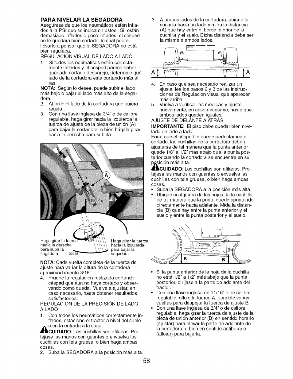 Para nivelar la segadora | Craftsman 917.276920 User Manual | Page 58 / 68