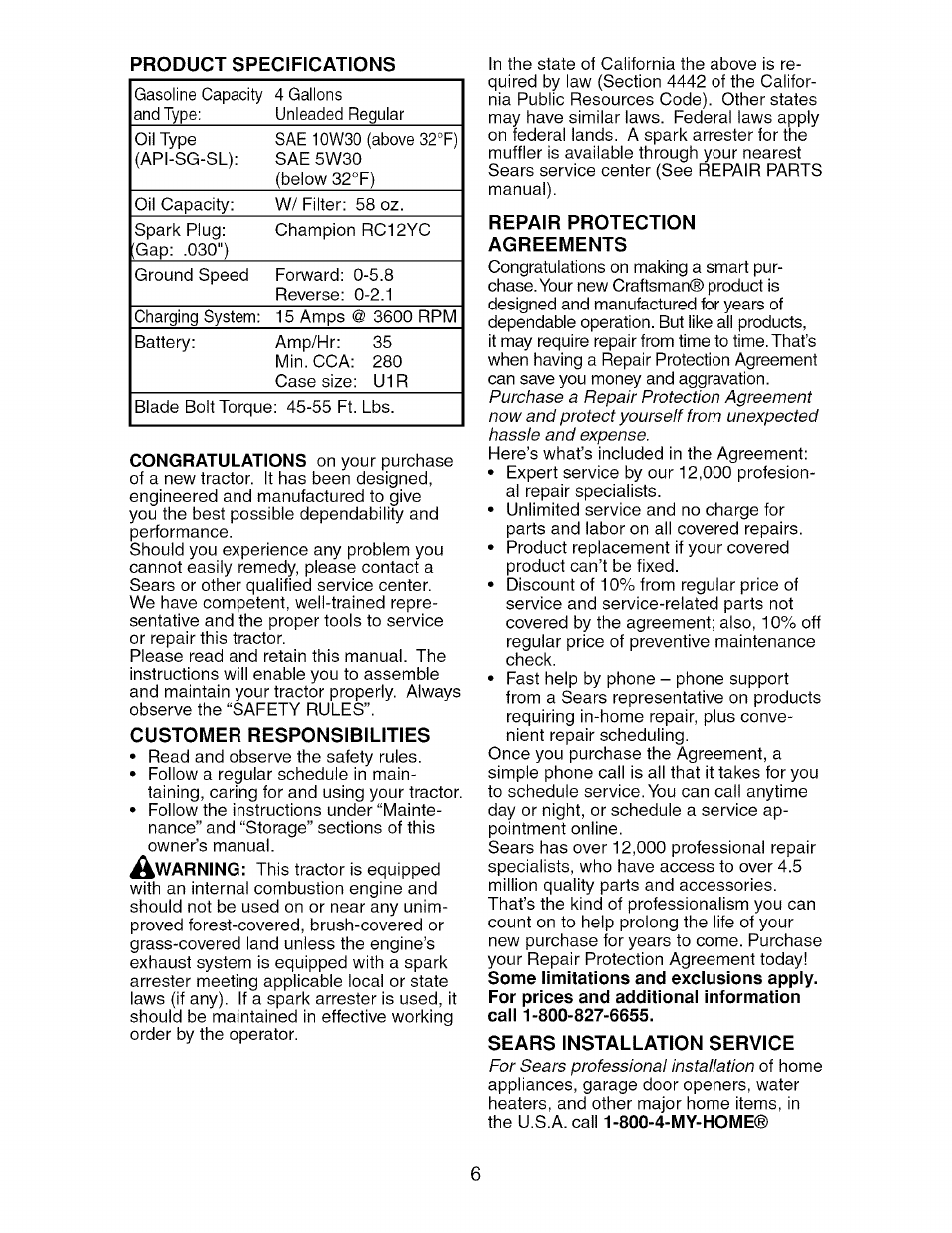 Customer responsibilities, Repair protection agreements, Sears installation service | Craftsman 917.276920 User Manual | Page 6 / 68