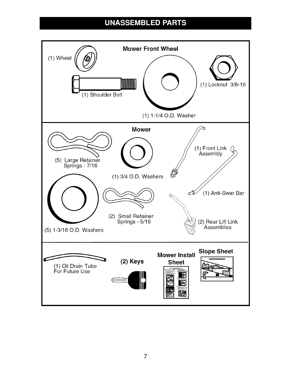 Mower front wheel, Mower, 2) keys | Mower install sheet, Slope sheet | Craftsman 917.276920 User Manual | Page 7 / 68