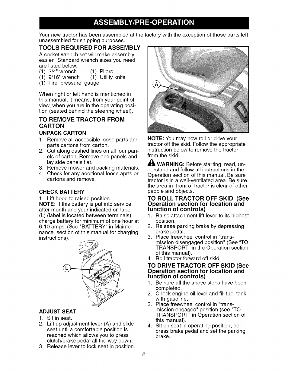 Tools required for assembly, To remove tractor from, Carton | Unpack carton, Check battery, Assembly/pre-operation | Craftsman 917.276920 User Manual | Page 8 / 68