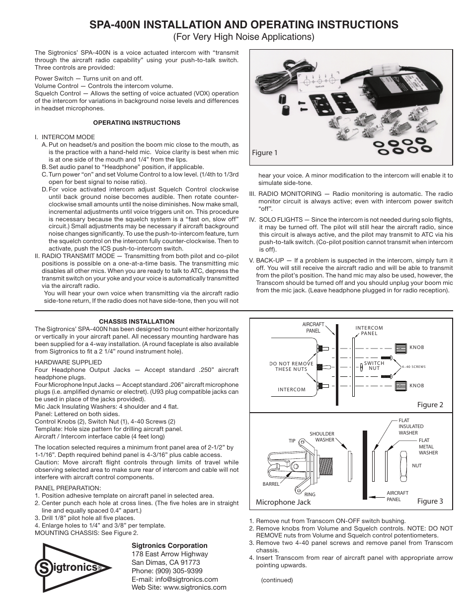 Sigtronics SPA-400N User Manual | 2 pages